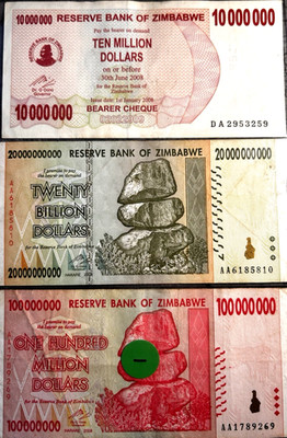3 Bank Notes (Reserve Bank of Zimbabwe) 10 Million, 100 Million, and 20 Billion