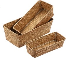3 Natural Wicker Basket Set Rectangular Handwoven Seagrass Basket Storage Bins