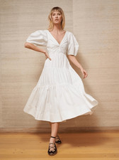 LA LIGNE Sirena Midi Dress Size S White Flared Shirred Made in USA
