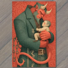 Art Print Red Horned Demon Holding Baby Fantasy Protector Mythic Guardian Chains