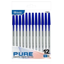 BAZIC Ballpoint Pen Pure Blue Color Stick Pens, 1.0 mm, (12/Pack), 1-Pack