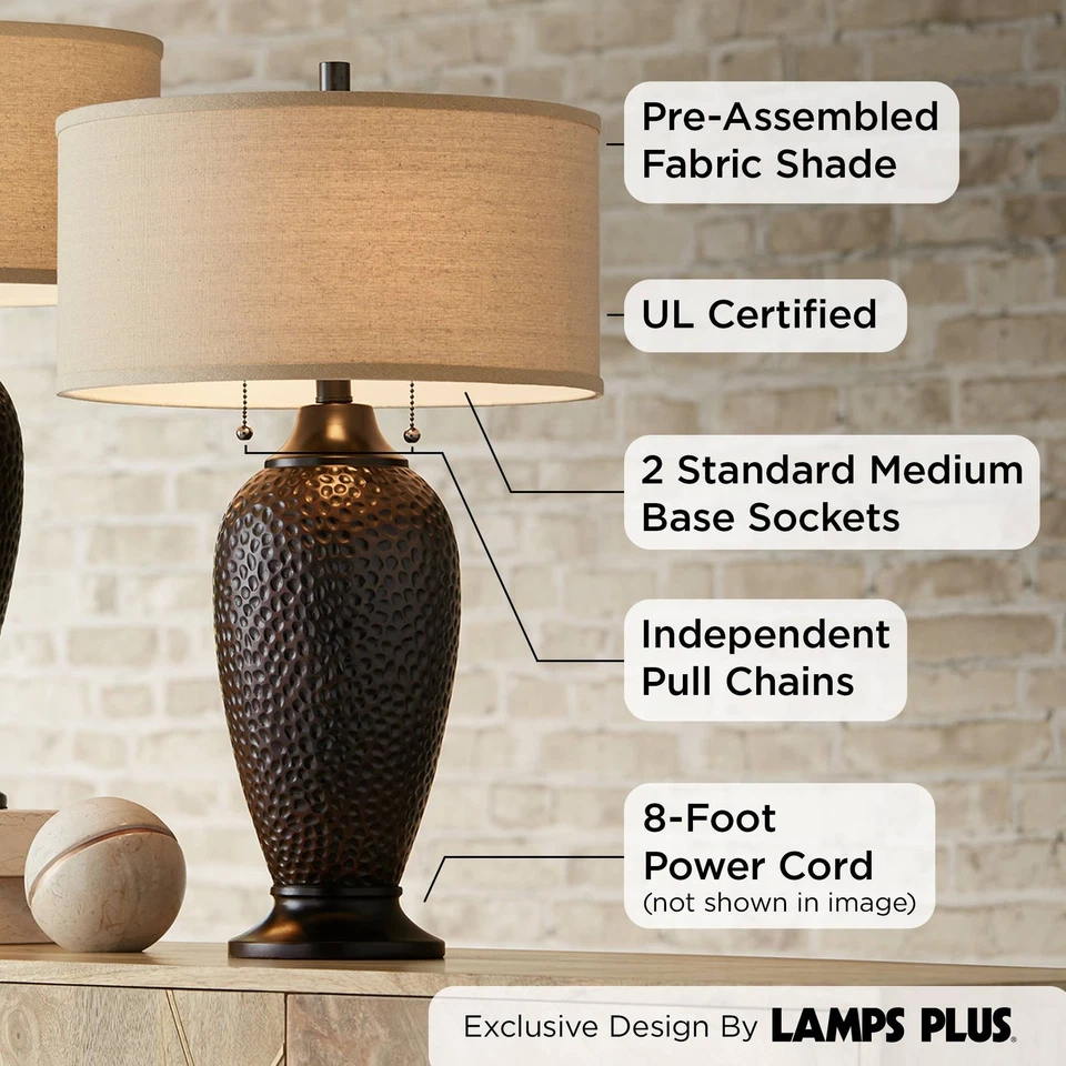 Cody Rustic Table Lamps 26" High Set of 2 Oiled Bronze Hammered for Bedroom Home - Image 3 of 4