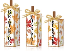 Blessed Thankful Grateful Wooden Blocks - 3 Pc Fall Thanksgiving Decor Set