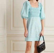 Ganni Shirred Floral Cotton Poplin Mini Blue Cottagecore Farmhouse Sun Dress NWT