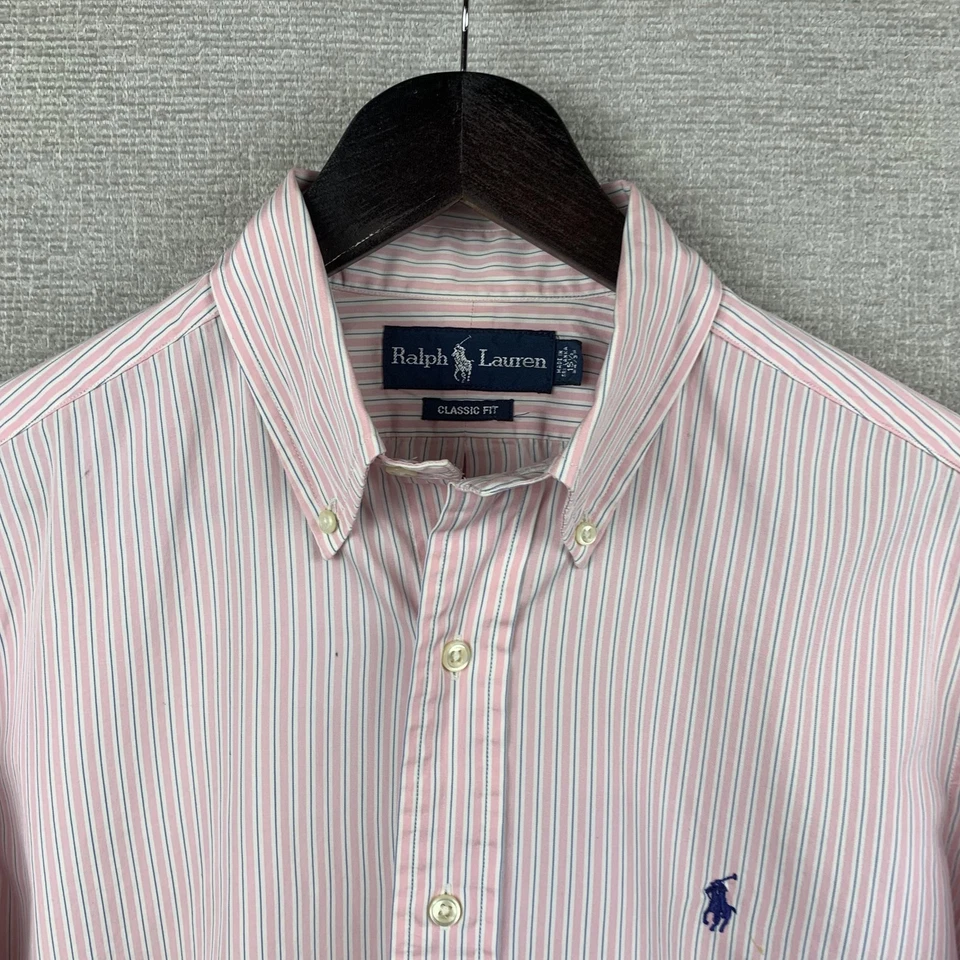 Camisa masculina Ralph Lauren 15,5 x 34/35 listrada branca rosa botão para baixo ajuste clássico - Imagem 4 de 4