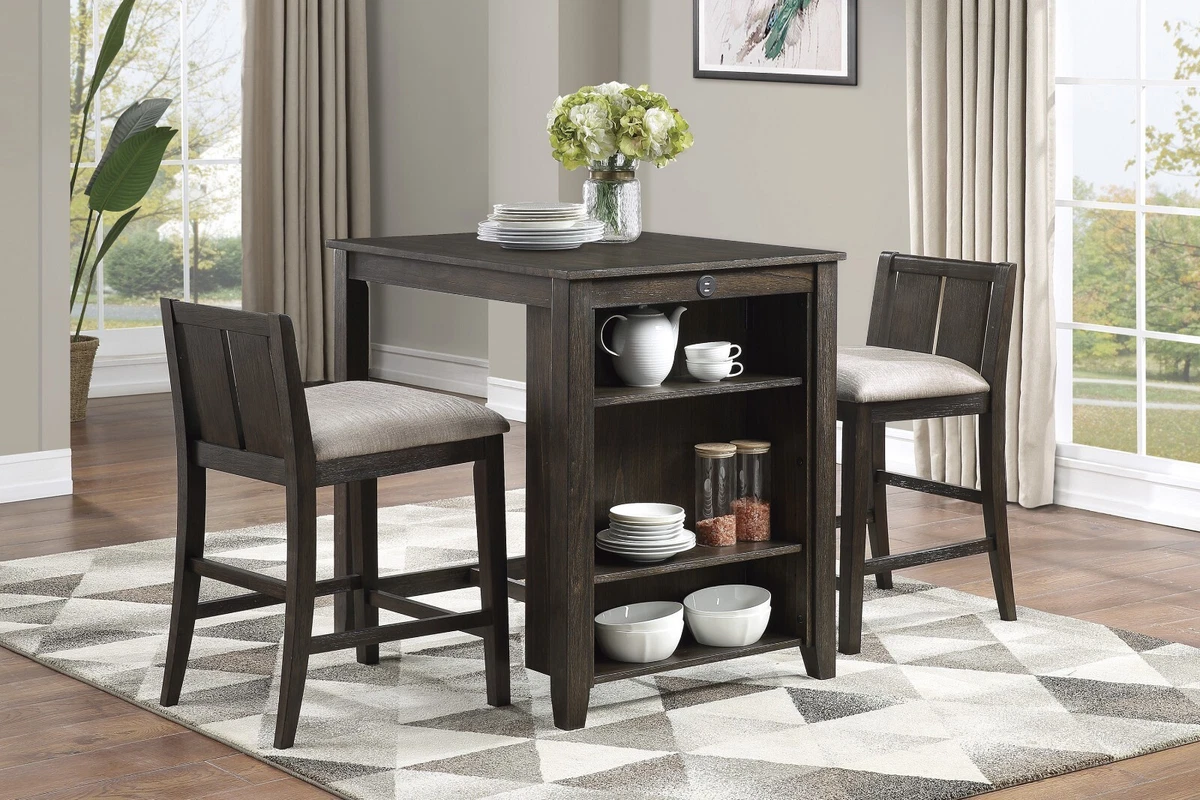 Dark Cherry Finish 3pc Counter Height Dining Set Table w Shelf and 2x Chairs