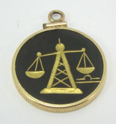 STYLISH ZODIAC LIBRA SIGN 14K YELLOW GOLD BLACK ONYX (1-1/8'') CHARM PENDANT 2.9G
