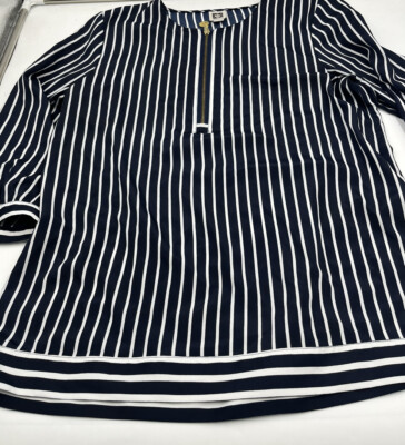 Anne Klein Shirt Womens Large Black Stripe Sport 1/4 Zip Long