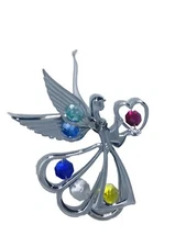 Angel Holding Heart Christmas Ornament Silver Chrome Colored Metal & Gemstones