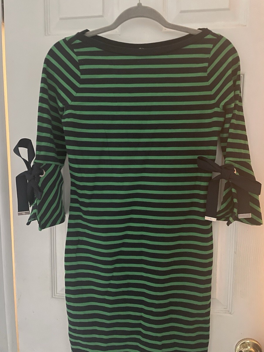 green and navy striped dress Botanical Print Lace Trimmed Satin Dress Plus Size 1X main image 0
