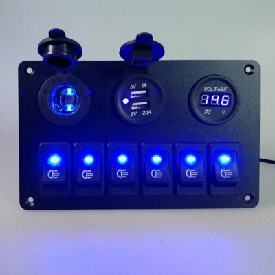 6 Gang Blue LED Waterproof Rocker Switch Panel Breakers Car Marine Boat RV 12V
