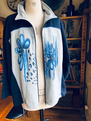 TRUE VINTAGE GRÖSSE 18 BIS 20 XL MARINEBLAU GRAU LACKIERT BLUMENDETAIL REISSVERSCHLUSS SWEAT TOP 