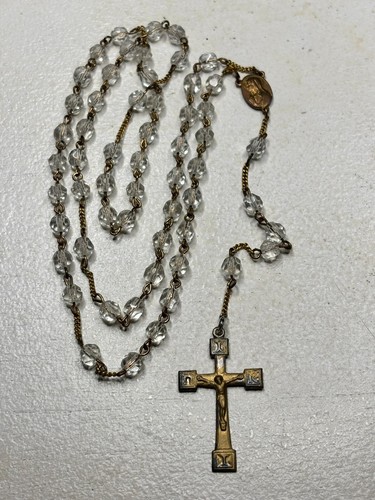 Vintage Rosenkranz Klarglas Facettiert 1/4" Runde Perlen 20" Länge Italien Kreuz - Bild 1 von 5