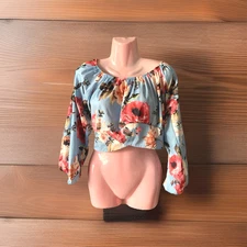 Ladies Pale Blue Red Mix Poppy Crop Bardot Top Tie Waist Size XL  14-16 BNWOT