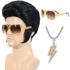 Peluca rockera Elvis Presley fiesta de Navidad años 50 con gafas de sol y collar