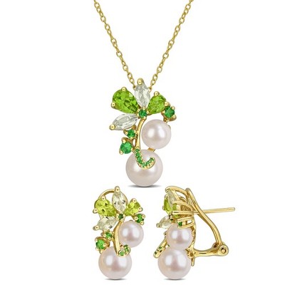 Amour Yellow Silver Pearl Peridot Green Quartz & Tsavorite Pendant & Earring Set