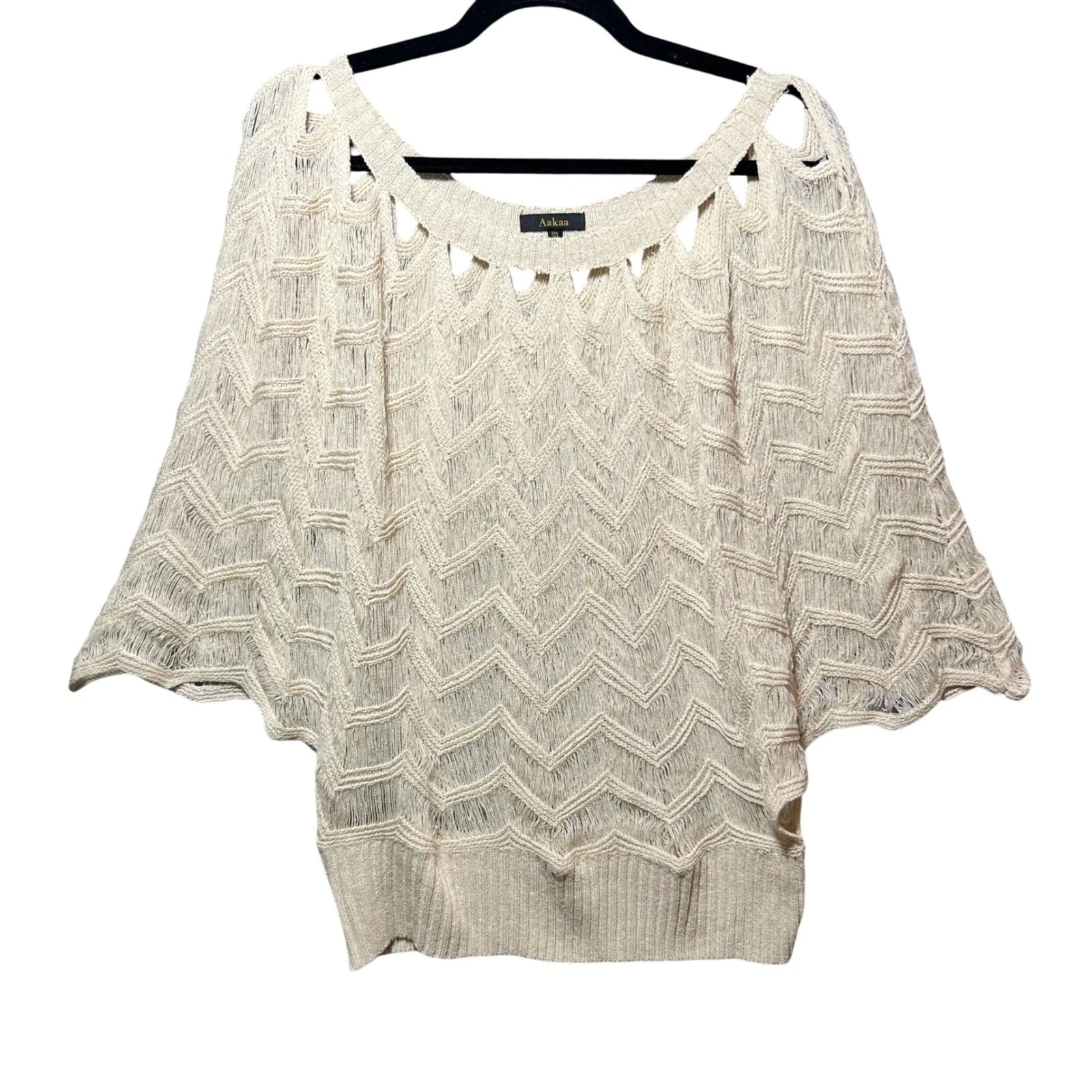 Aakaa Fringe Knit Poncho Top Open Weave Chevron Boho Cream One Size