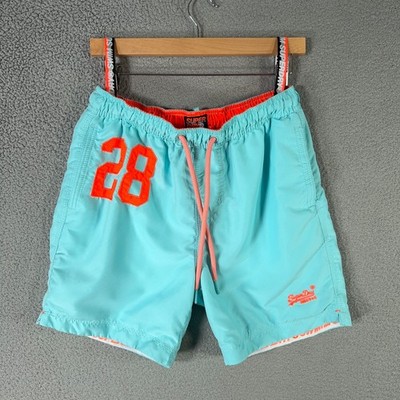SUPERDRY Swim Shorts Mens Large Blue Japanese Spellout When Wet Water Polo 