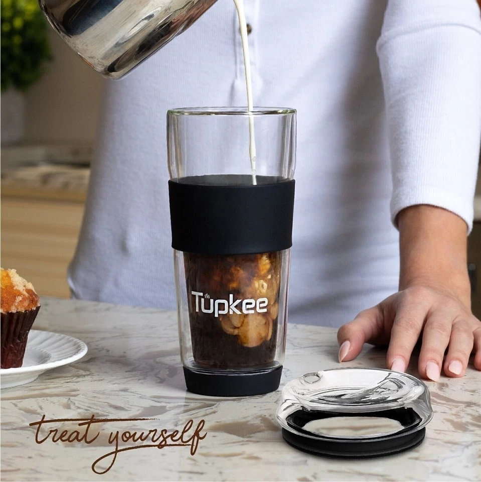 Tupkee Double Wall Glass Tumbler, 14oz All Glass Coffee Travel Mug & Lid, 2 Pack - Image 4 of 4