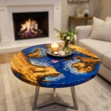 Ocean Beach Wave Resin Table | Handmade Coastal Blue Epoxy Coffee Table