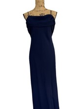 Vtg Long Paige NY Formal Dress Sz 12 Navy Blue Drape Neckline Quiet Elegance USA