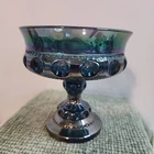 Vintage Iridescent King’s Crown Thumbprint Compote Carnival Glass Bowl