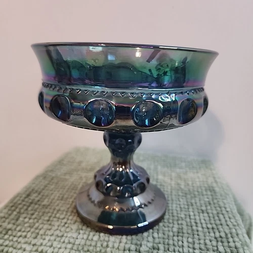 Vintage Iridescent King’s Crown Thumbprint Compote Carnival Glass Bowl