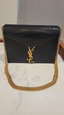Saint Laurent Cassandra  Crocodile-Embossed Blk Bag RTL $2550 Gold Chain  $1699
