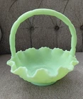 Vtg Fenton Basket: Persian Medallion Satin Uranium Green Glowy Glass Basket