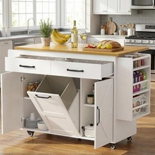 Kitchen Island on Wheels with Trash Cabinet, White  Brown  56" Mobile Cart