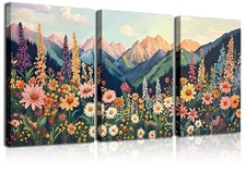 Wildflower Wall Art Set of 3 - Colorful Floral Wall Decor Boho Sunset Landsca...