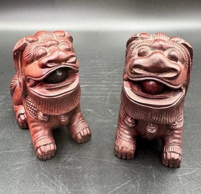 Pair Chinese Rosewood Foo Dog Guardian Lions Hand Carved Statue Set 3.5 