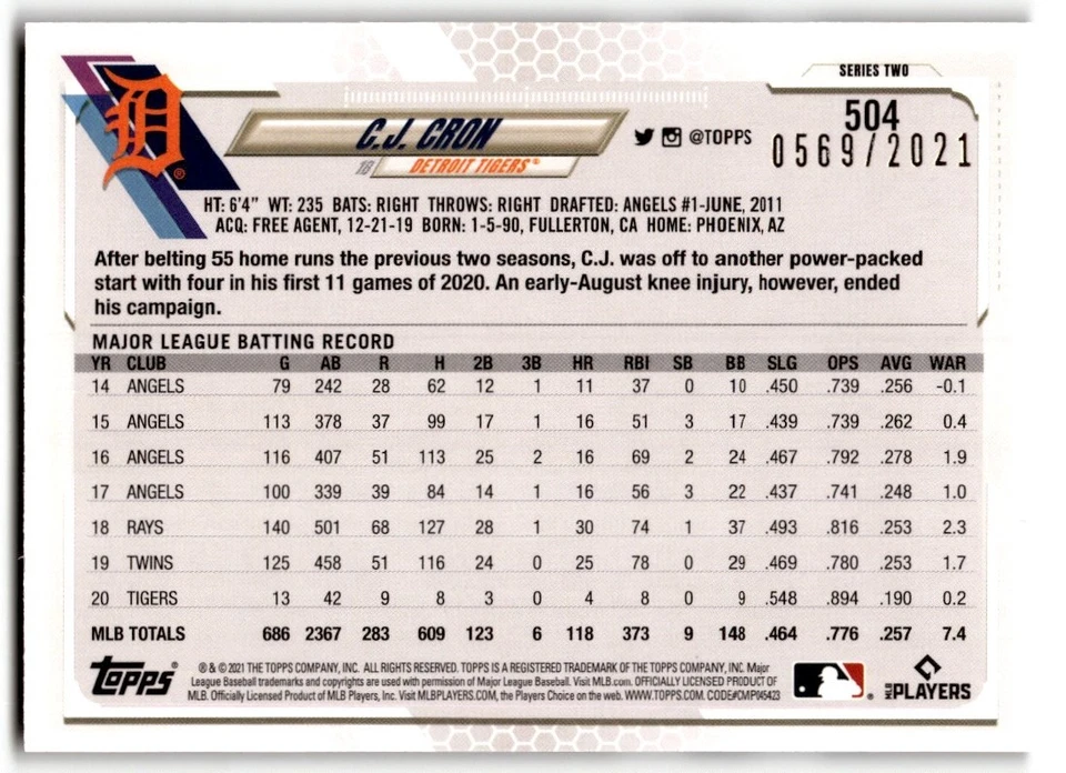 C.J. Cron 2021 Topps Gold /2021 #504 Detroit Tigers - Image 2 of 2