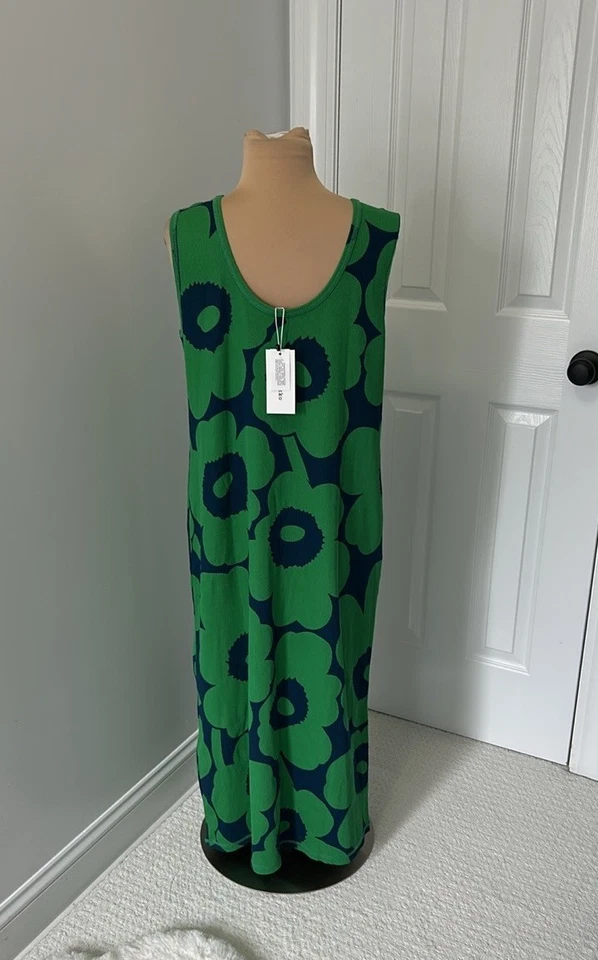 Marimekko Simpukka Unikko Ribbed Jersey Dress Green Navy size XXL NWT - Image 3 of 4