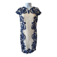 Tadashi Shoji Women's White and Blue Embroidered Floral Lace Midi Dress Size 10