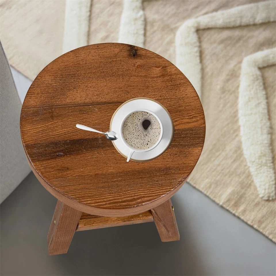 Greenage Small Rustic Old Pine Wooden Stool Round Side Table Bedside Table 18" H - Image 4 of 4