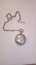 Vintage "DETAILS" Quartz Triple Horses Pocket Watch w/ Chain. Needs Battery.