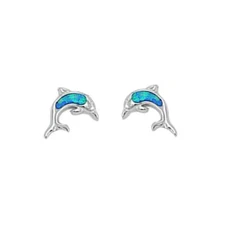 Cute Blue Opal Dolphin Stud .925 Sterling Silver Earrings