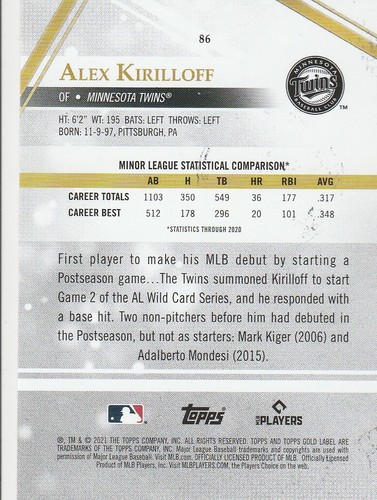 2021 Topps Gold Label Class 1 Black Alex Kirilloff #86 Rookie - Picture 2 of 2