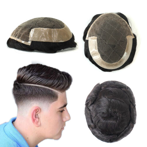Natural Mens Toupee Human Hair Replacement System French Lace Skin Hairpiece #1B - Picture 3 of 15
