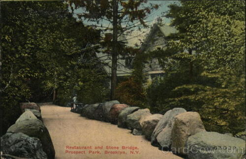1912 Brooklyn,NY Restaurant and Stone Bridge,Prospect Park Kings County Postcard - Afbeelding 1 van 2