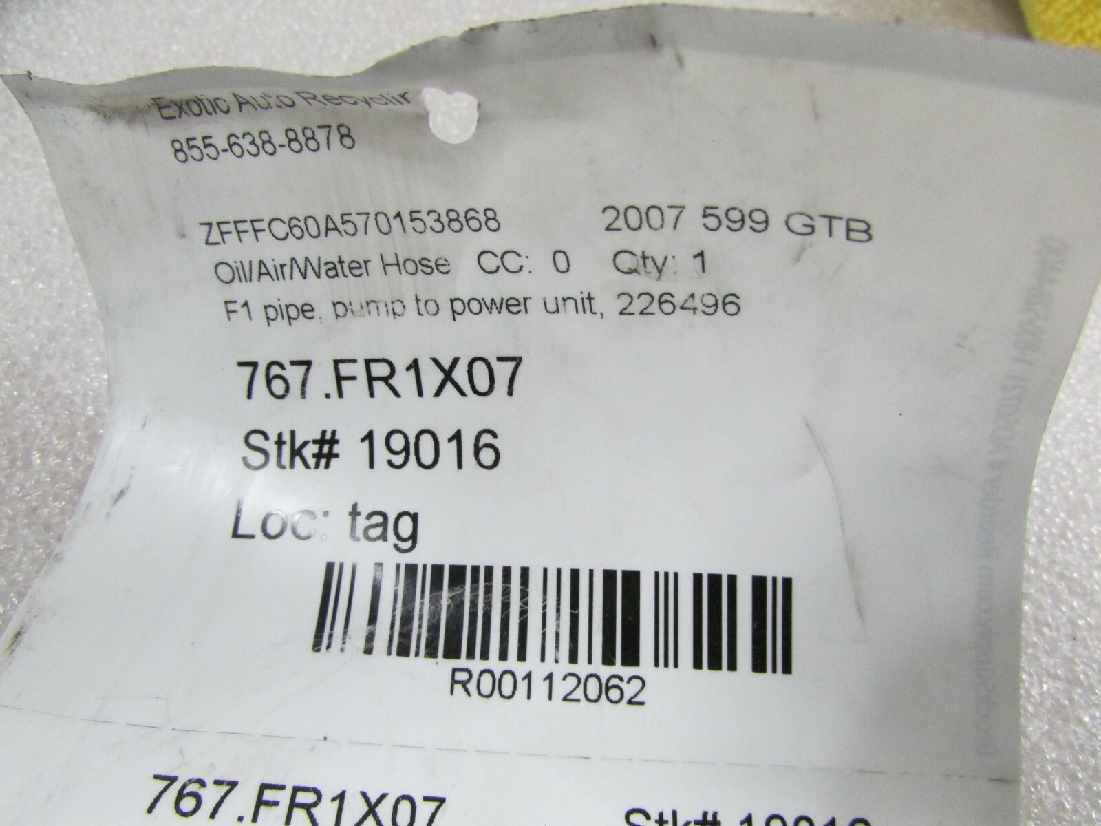 Ferrari 599 GTB, 612 Scaglietti, Pump to Power Unit Hose, Used, P/N 226496