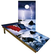 Cornhole Boards w Bags Ocean Lightning Storm Corn Hole Bean Bag Toss Game Set