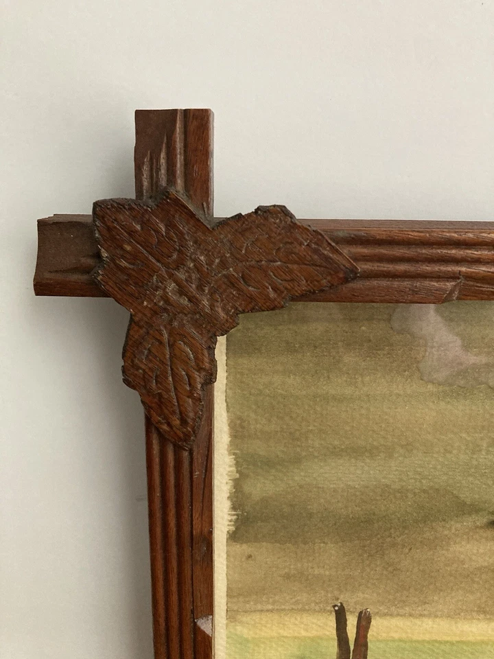 Antique Black Forest Frame w Signed Watercolor Painting Walnut Adirondack Crafts - Image 2 of 4