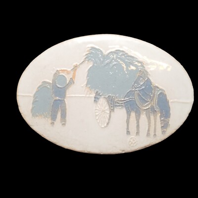 Farmhouse Country Hay Harvester Art Pottery Tile Horse Cart Wall Hanger Signed