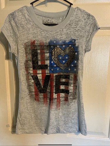 2 Pack NWT Rocker Girl Women’s Juniors Sheer Burnout T-shirt’s Love Flag USA Med - Picture 3 of 10