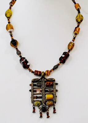 Vintage Brass Finish Glass Bead Abacus Pendant Necklace 17 +3 