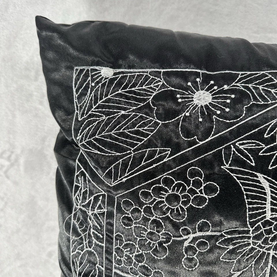 Natori Pillow Black Embroidered Crane Satin Square 15 x 15 Romantic Gothic - Image 2 of 4