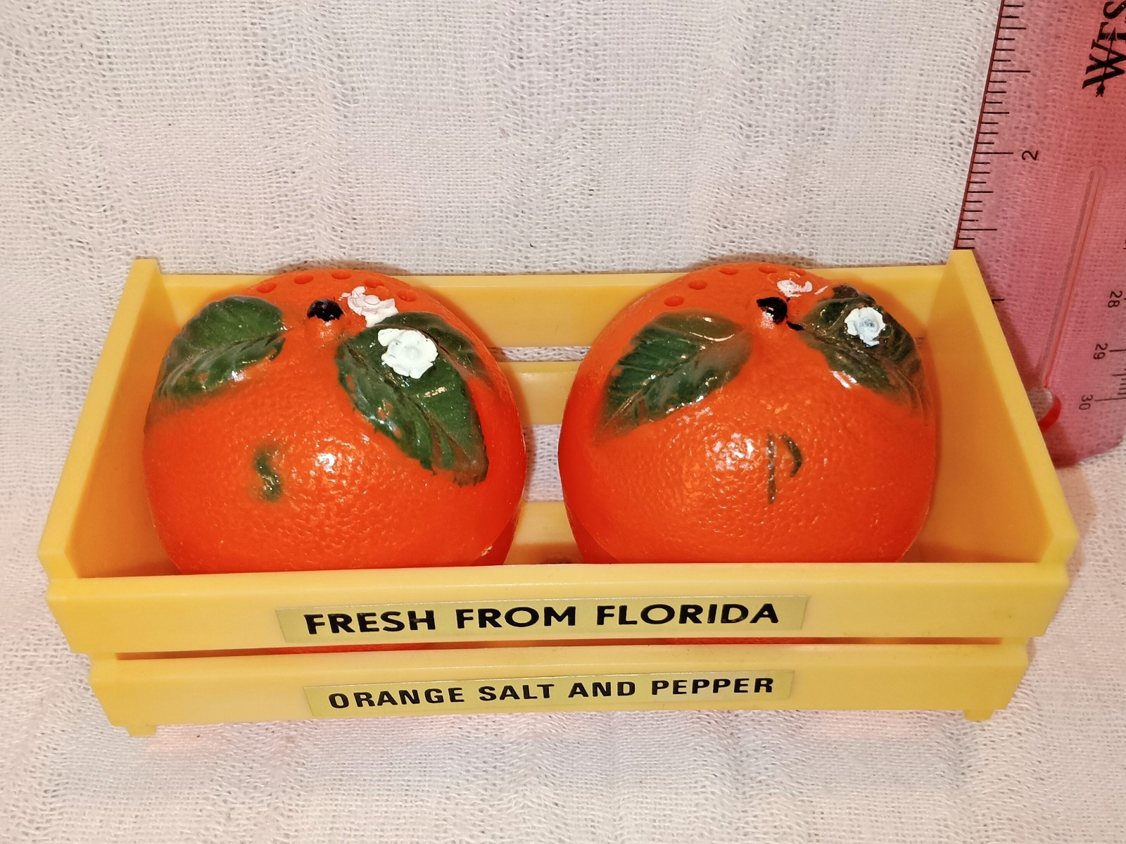 Salero y pimentero vintage "fresco de naranjas de Florida" con caja, sin usar