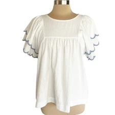 Umgee Boho Cotton Top Blue Embroidered Sleeves Size L Scalloped Cottage Summer